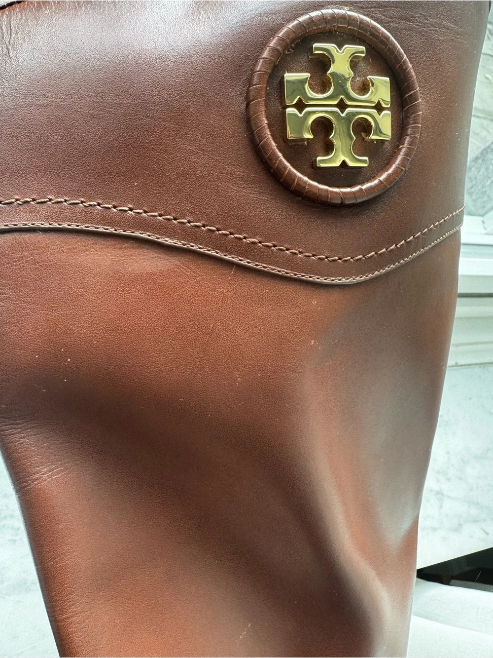 Tory Burch Chestnut Brown Leather Knee Boots with Logo Medallion